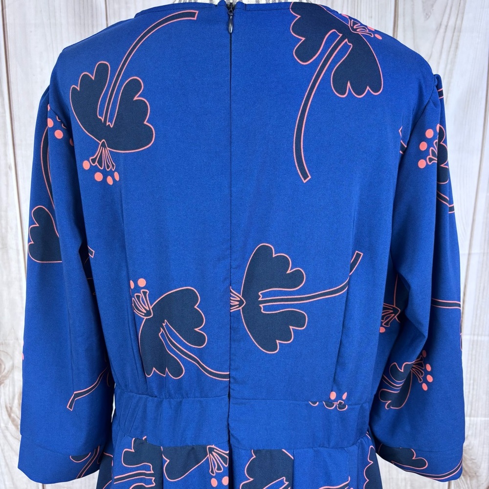 New Floral Midi Dress 3/4 Sleeves Pockets Evening Flare Pleated Blue Size XXL - Picture 5 of 15